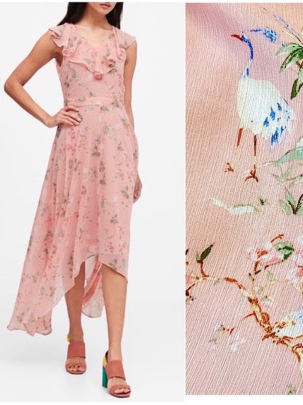 BANANA REPUBLIC Pink Peach Crane Print Dress